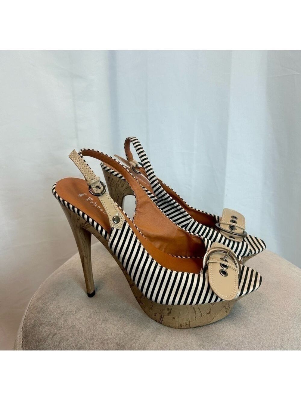 Fahrenheit black white striped buckle Slingback platform stiletto high heels 8.5